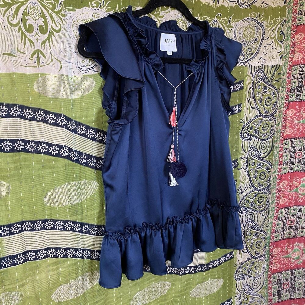 NWOT Misa Blue Fleur Pom Pom Sleeveless V-Neck Satin Blouse Size Extra Small - Picture 9 of 15